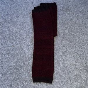 maroon and black leg warmers